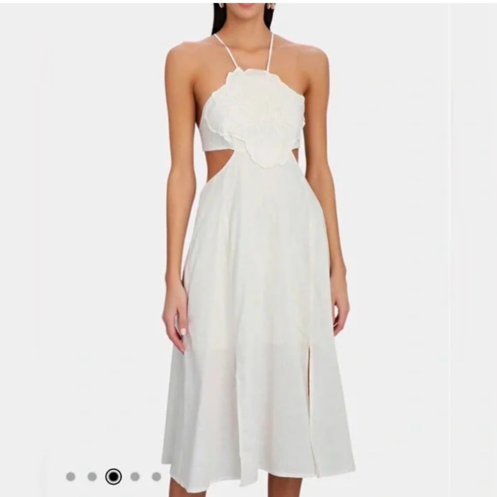 FARM Rio Flower Top Cut Out Midi Dress In Off-White Linen